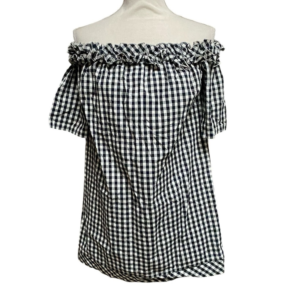 Vineyard Vines Gingham Off Shoulder Dress Small Black White Ruffle Cotton - Picture 3 of 12